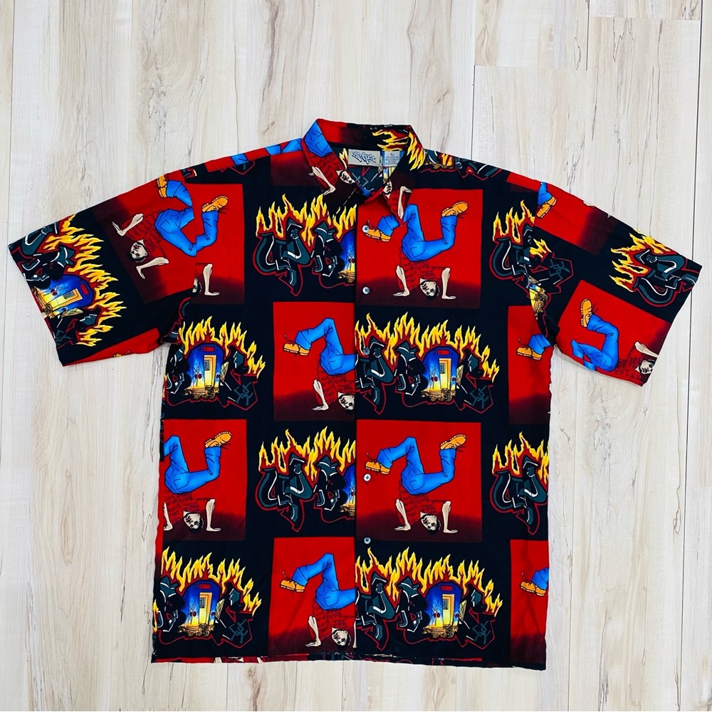 Vintage Up Ro's Button Up Shirt Short Sleeve Mens Large Flames Break Dance